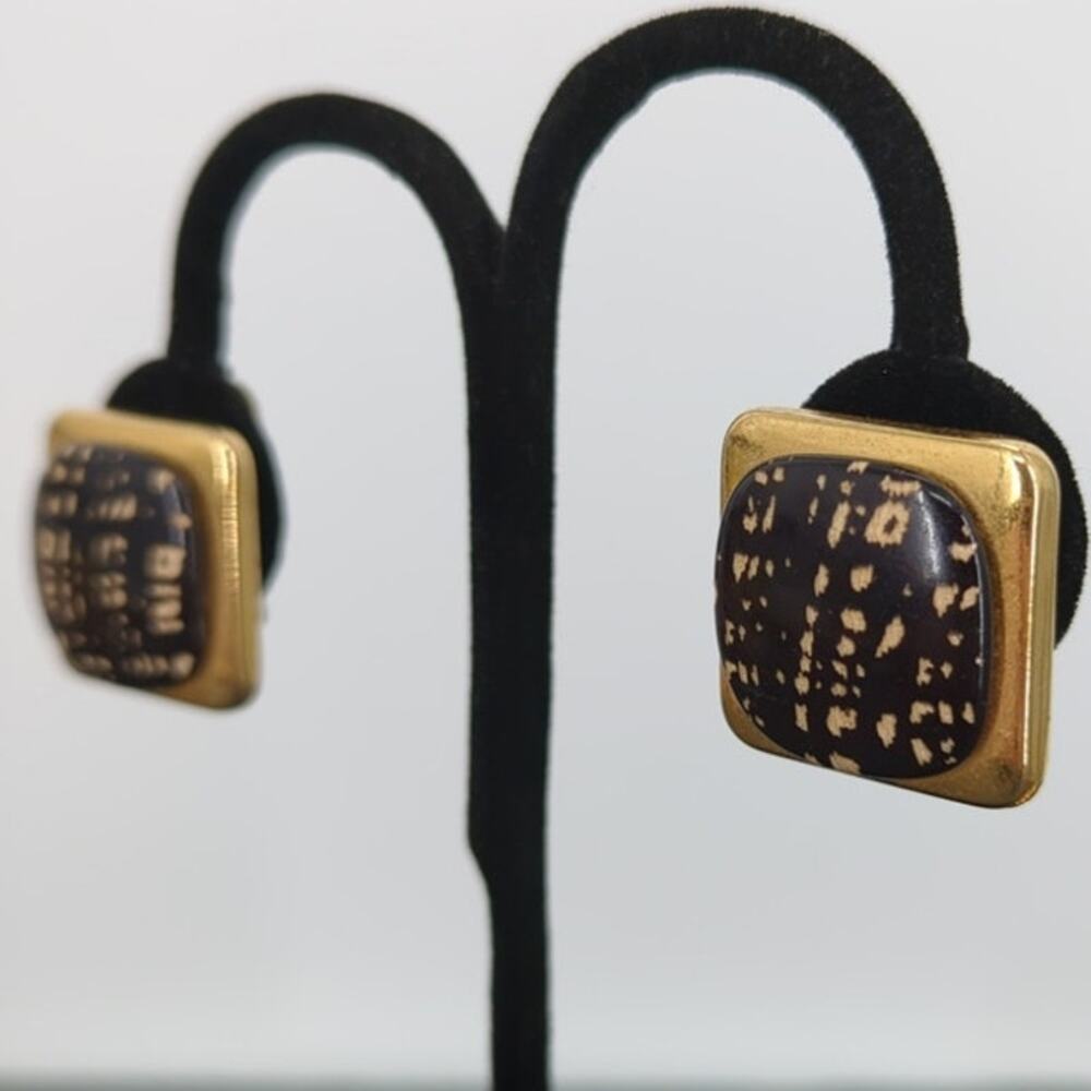 Vintage Clip On Earrings ITALY Gold tone with black MCM 1"